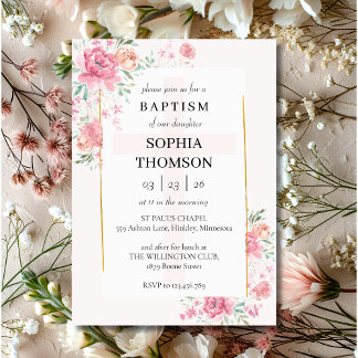 Baptism peonies floral invitation