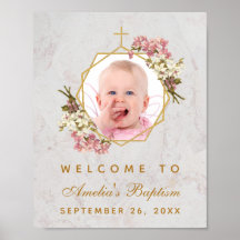 Baptism Photo Girl Gold Pink Orchids Welcome Sign