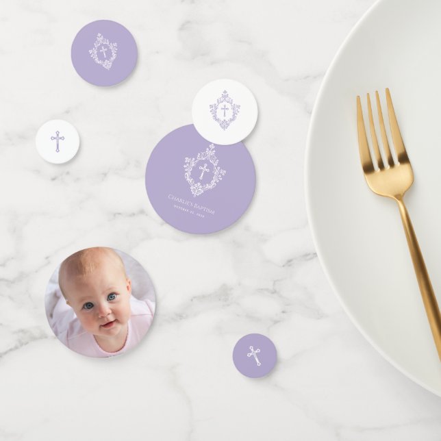 Baptism Photo Lavender Purple White Cross in Crest Konfetti (Gruppe)