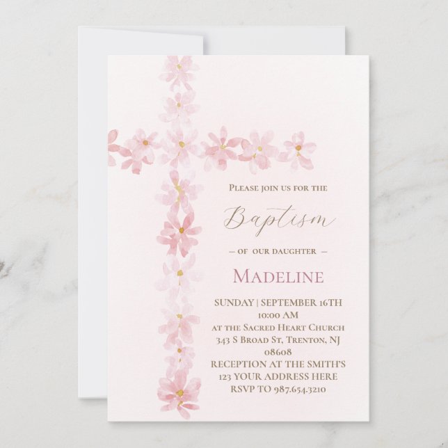 Baptism pink floral cross  einladung (Vorderseite)
