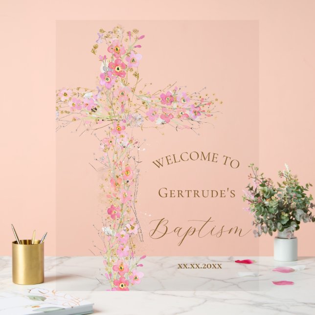 Baptism pink flowers cross welcome clear sign (Mariage)