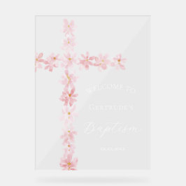 Baptism pink flowers cross welcome clear sign