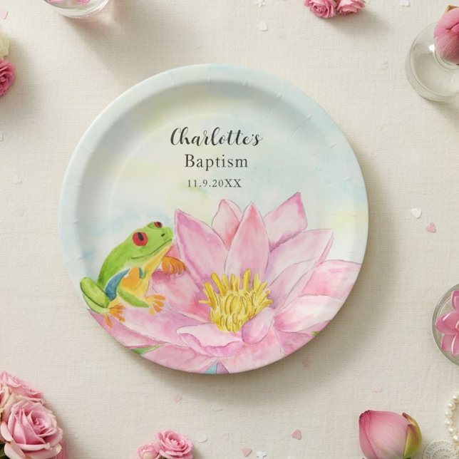 Baptism Pink Waterlily & Tree Frog Pappteller (Von Creator hochgeladen)