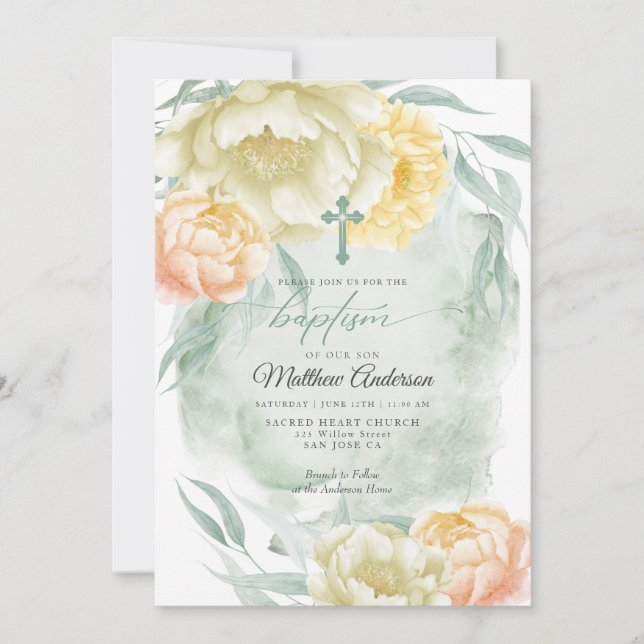 BAPTISM Rustikales Elfenbein Lemon Gelbe Flora Einladung (Vorderseite)