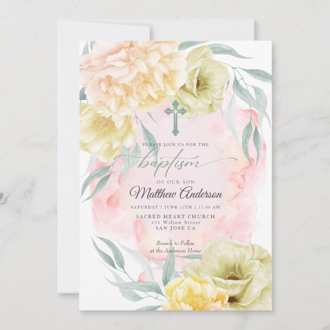 BAPTISM Rustikales Elfenbeinkorallen Gelbe Blüte Einladung (Vorderseite)