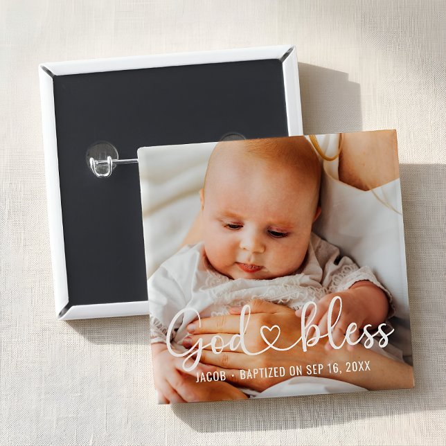 Baptism Simple Modern Heart Baby Photo Button (Von Creator hochgeladen)