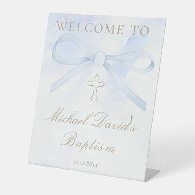 Baptism watercolor blue bow sockelschild (Vorderseite)