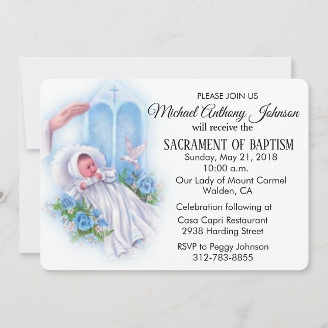 Baptismal Baby Boy Blue Flowers Invitation (Devant)