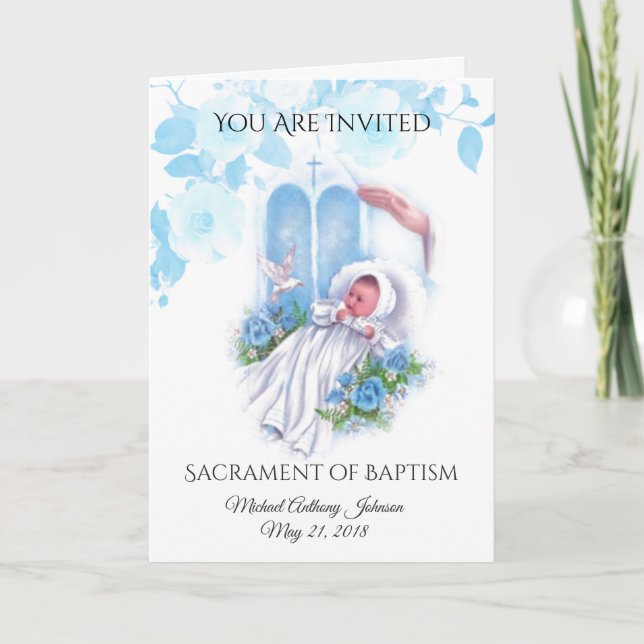 Baptismal Baby Boy Blue Flowers Invitation Card (Devant)