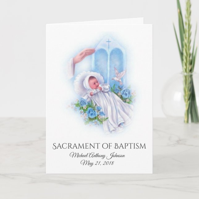Baptismal Baby Boy Blue Flowers Invitation Card (Devant)