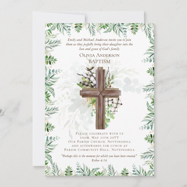 BAPTISME classique Invitation Feuille de verdure (Devant)