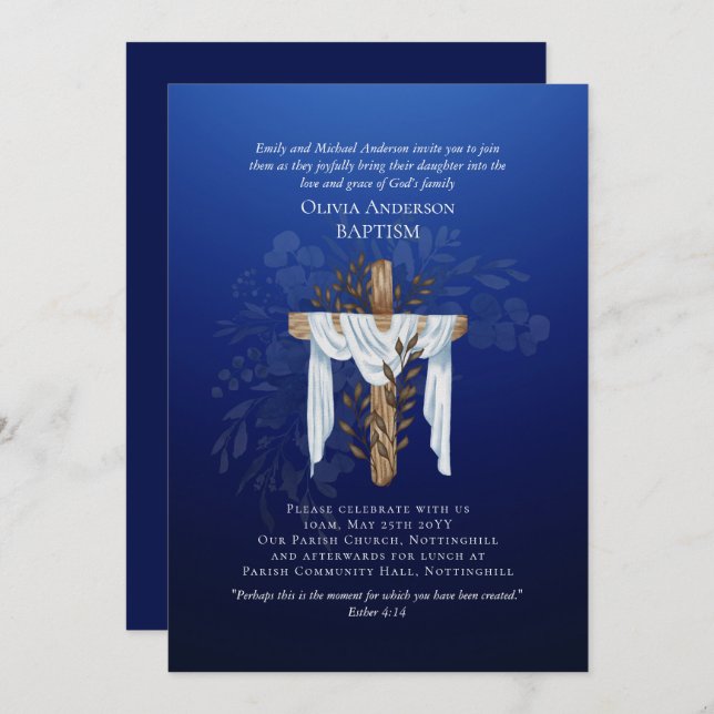 BAPTISME classique Invitation Sapphire Blue (Devant / Derrière)