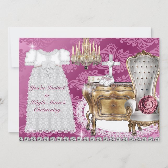 BAPTISME Vintage Invitation PINK DAMASK CONCEPTION (Devant)