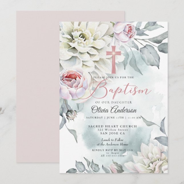 BAPTISMUS | Blush Pink Blumenkreuz Einladung (Vorne/Hinten)