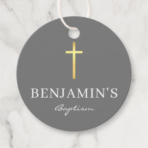 BAPTISMUS DANK IHNEN modernen Goldkreuz Junge grau Geschenkanhänger