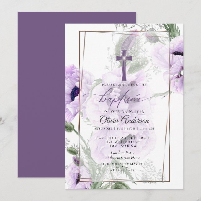 BAPTISMUS | Einladung von Amethyst florales Kreuz (Vorne/Hinten)