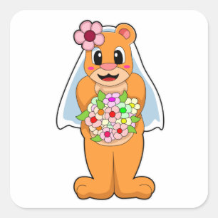 Bär als Braut mit Blumen Quadratischer Aufkleber