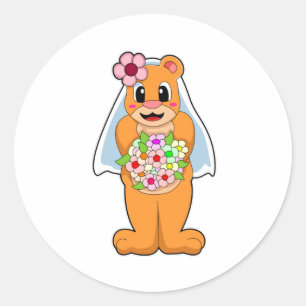 Bär als Braut mit Blumen Runder Aufkleber