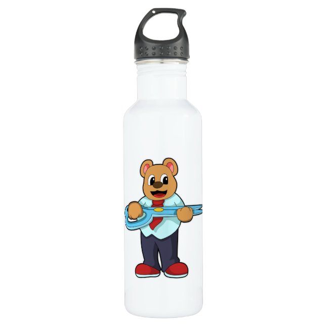 Bär als Friseur mit Schere Edelstahlflasche (Vorderseite)
