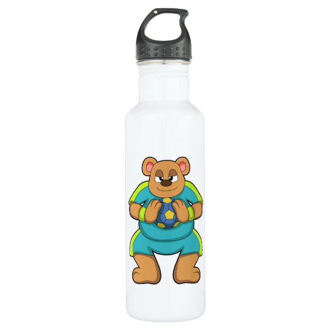 Bär als Handballspieler mit Handball Edelstahlflasche (Vorderseite)