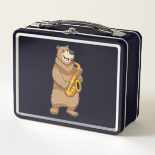 Bär als Musiker mit Saxophon Metall Brotdose