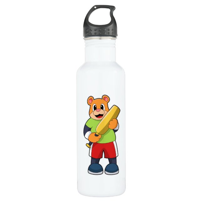 Bär am Cricket mit Cricket-Fledermaus Edelstahlflasche (Vorderseite)