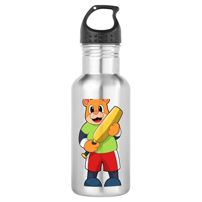 Bär am Cricket mit Cricket-Fledermaus Edelstahlflasche (Vorderseite)