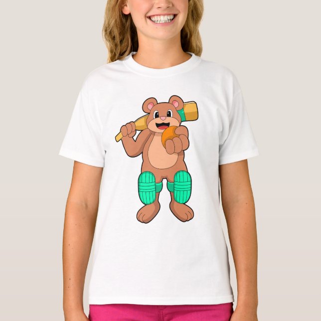 Bär am Cricket mit Cricket-Fledermaus T-Shirt (Vorderseite)