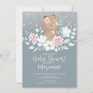 Bär Baby Shower Floral Glitter Gedämpft Rosa Blau Einladung
