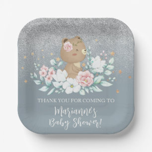 Bär-Babyparty-Blumen-Glitter-Matter Blau Pappteller