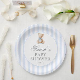 Bär-Babyparty mit blauen Streifen Pappteller