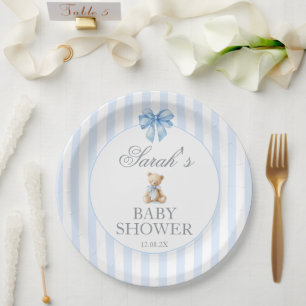 Bär-Babyparty mit blauen Streifen Pappteller