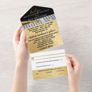 Bar Bat Mitzvah Gold und Schwarz All In One Einladung