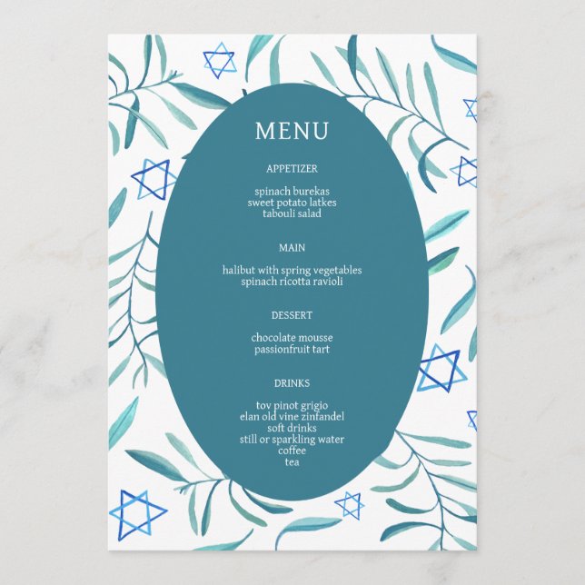 Bar Bat Mitzvah Jewish Wedding Botanicals Custom Menükarte (Vorderseite)