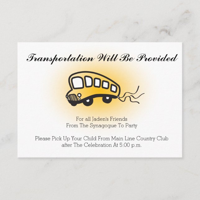 Bar Bat Mitzvah Transportation Mini-Buskarte Begleitkarte (Vorderseite)