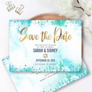 Bar/Bat Mizwa Türkis Wasserfarbe Gold Schrift Save The Date