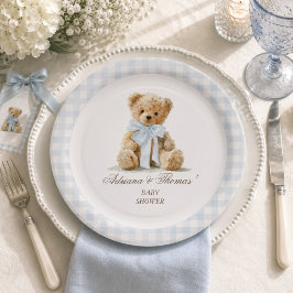 Bär Blau Gingham Jungen Baby Shower Pappteller