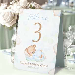 Bär Blau Grün Junge Baby Shower Tischnummernschild Tischaufsteller