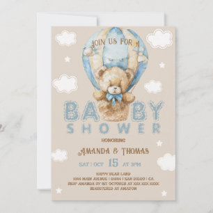 Bär Blau Heißluftballon Junge Vintage Babyparty Einladung