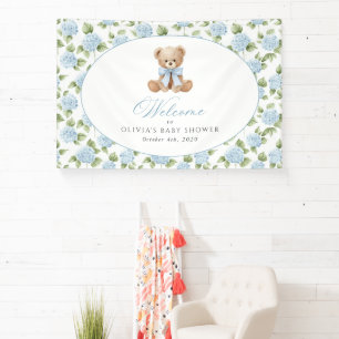 Bär, Blaues Band, Blaue Blumen, Babyparty-Willkomm Banner