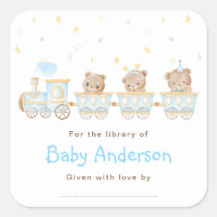 Bär Blaues Zug Baby Shower Exlibris Quadratischer Aufkleber