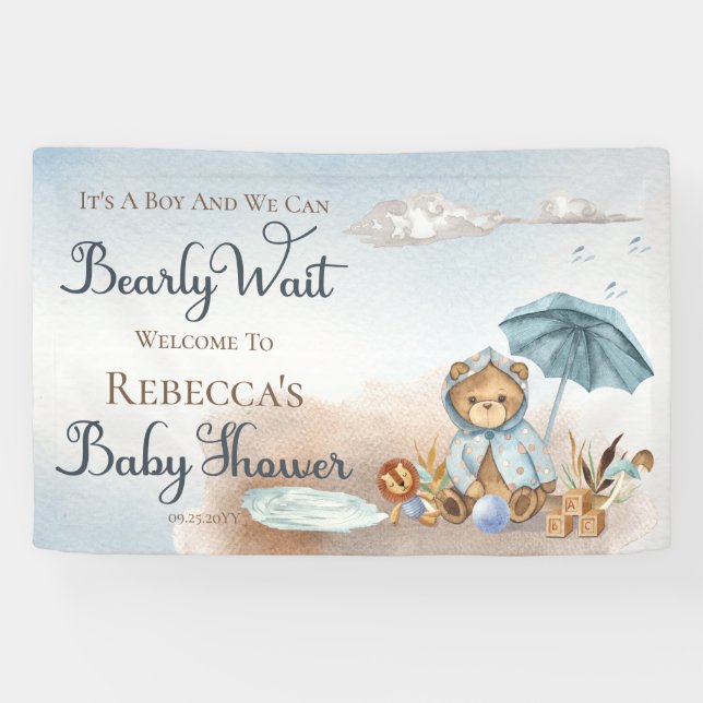 Bär | Blue Umbrella Bearly Wait Boy Baby Dusche Banner (Horizontal)