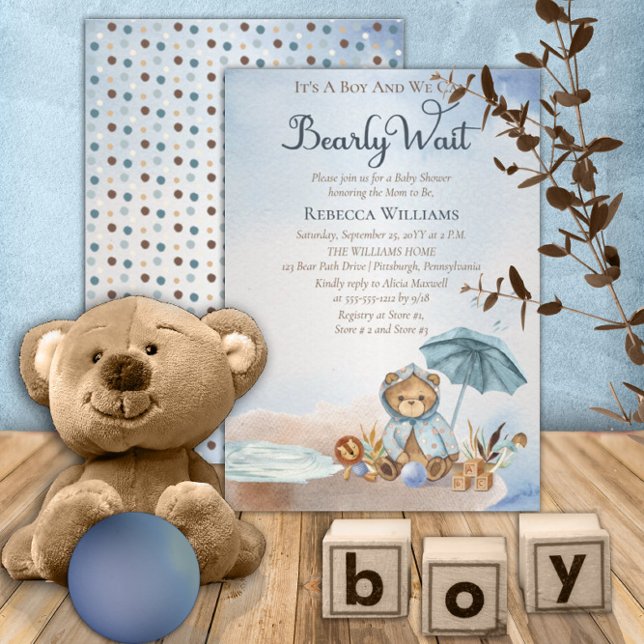 Bär | Blue Umbrella Bearly Wait Boy Baby Dusche Einladung (Von Creator hochgeladen)