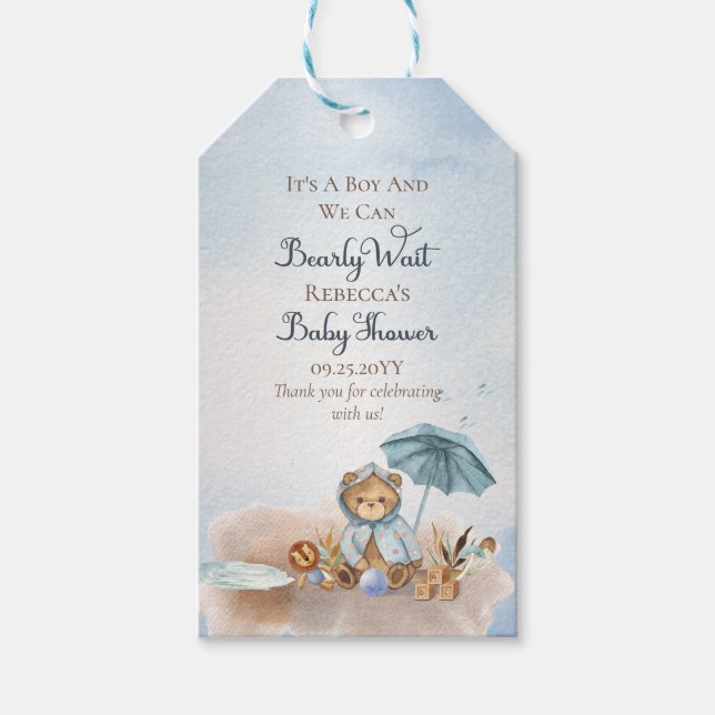 Bär | Blue Umbrella Bearly Wait Boy Baby Dusche Geschenkanhänger (Vorderseite)