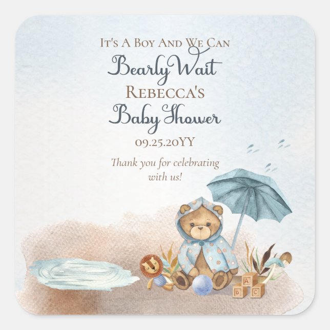 Bär | Blue Umbrella Bearly Wait Boy Baby Dusche Quadratischer Aufkleber (Vorderseite)