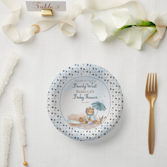 Bär | Blue Umbrella Bearly Wait Boy Baby Shooter P Pappteller (Hochzeit)
