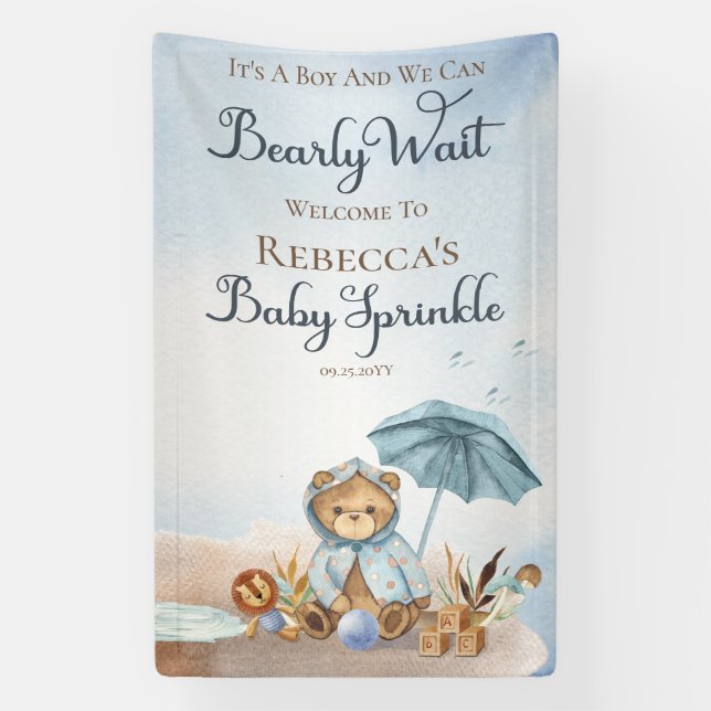 Bär | Blue Umbrella Bearly Wait Boy Baby Sprinkle Banner (Vertikal)