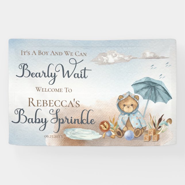 Bär | Blue Umbrella Bearly Wait Boy Baby Sprinkle Banner (Horizontal)