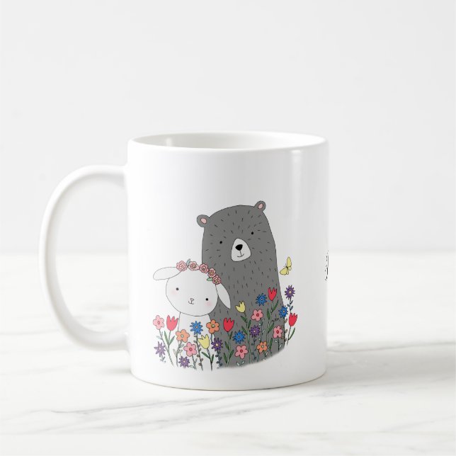 Bär & Bunny mit Blume Niedlicher Individuelle Name Kaffeetasse (Links)