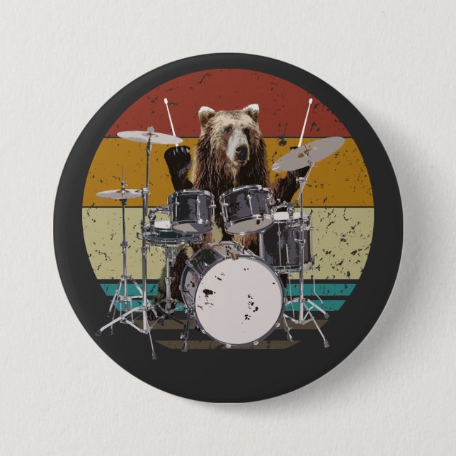 Bär Drummler spielt Schlagzeug rund Button (Vorderseite)